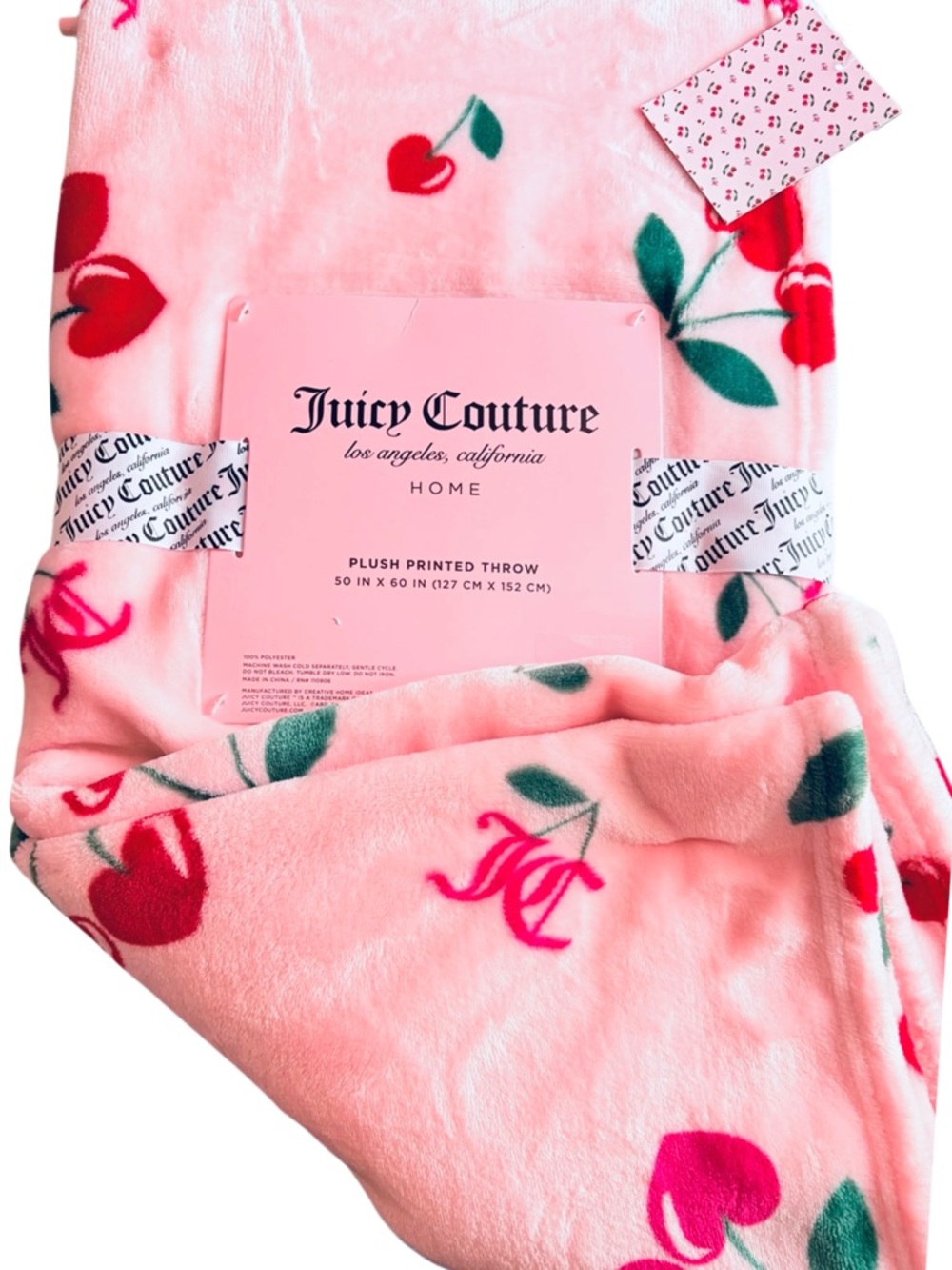Juicy Couture Cherry Hearts Pink Plush Throw Blanket